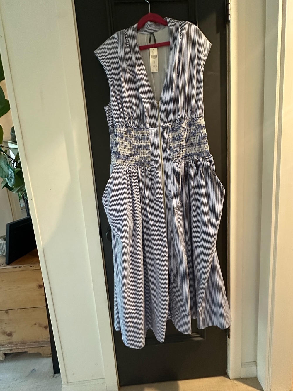 Anthropologie Blue Striped Sleeveless Midi Dress with Smocked Waist